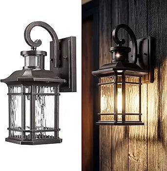 Emliviar Vintage Motion Sensor Wall Mount, 13.5" Outdoor Wall Light with Water Ripple Glass, Outside Farmhouse Lamp for Warehouse, Oil Rubbed Bronze Finish, 2084B-SE ORB-SW