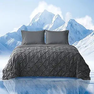 Amlie Home Elegant Pintuck Cooling Comforter Queen Size, Cooling Blanket for Hot Sleepers, Lightweight Summer Bedding with Q-Max 0.45 Cooling Fabric, Cold Blanket, 90''x90'', Charcoal Grey