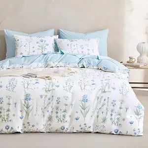 Wake In Cloud - Botanical Comforter Set, 100% Cotton Fabric, Floral Flower Cottagecore Neutral Shabby Chic Coquette Aesthetic, 3 Pieces Bedding Set, Blue White, Full Size