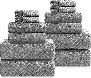 Jarson 12 Pieces Bath Towel Set Soft, Dark Grey - Quick Dry Family Towels for Bath, Highly Absorbent Towel Set for Hotel-4 Luxury Bath Towels, 4 Hand Towels & 4 Washcloths for Bathroom