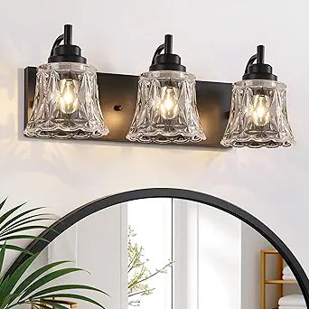 LmnLvn Bathroom Light Fixtures, 3 Lights Black Vanity Lights for Bathroom, Matte Black Antique Finish with Crystal Glass Shade, Farmhouse Lighting Fixtures Over Mirror for Bedroom, Living Room