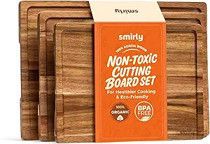 SMIRLY Acacia Wood Cutting Boards for Kitchen - Wood Cutting Board for Meal Prep, Serving, Charcuterie - Kitchen Gadgets, House Warming Gifts - Wooden Chopping Board Set of 3