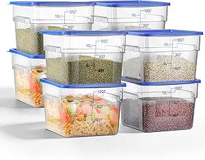 EGGKITPO 8 Pcs 12 QT Food Storage Container with Blue Lids, Handle BPA-Free Polycarbonate Hot Cold Resistant Large Square Commercial Container Set Scarle Dishwasher Freezer Safe Pantry Storage Kitchen