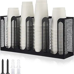 Maxcheck Metal Mesh Cup and Lid Holder Coffee Paper Cup Dispenser Lid Holder Storage Organizer Countertop or Wall Mount for Coffee Bar, Kitchen, Breakroom(4 Compartments,16.1 x 4.1 x 8 Inch)