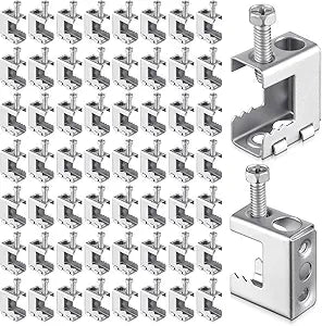 Tandefio 50 Pcs 1/4"-20 Spring Steel Beam Clamps Metal Beam Hangers Bolt on Clamp for Installation on Beams 1/4" and 3/8" Threaded Rod, S Hooks Bridle Rings for Pipe Cable Woodworking Tool (Silver)