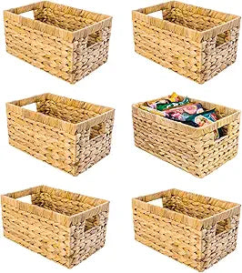 M4DECOR Set of 6 Water Hyacinth Storage Baskets  Wicker Storage Baskets for Shelves, Pantry Baskets for Organizing, Handwoven Wicker Baskets for Storage (6 Packs)