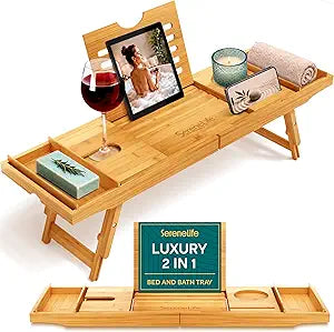 SereneLife Bath Caddy Breakfast Tray Combo - Natural Bamboo Wood Waterproof Tub and Bed with Folding Slide-Out Arms, Device Grooves, Wine Glass Soap Holder
