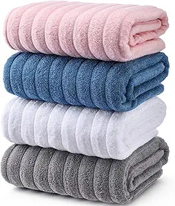 Mindsoft 4 Pcs Bath Towels Set 27'' x 55'' 100% Cotton Large Soft Absorbent Quick Dry Towel Ribbed Striped Plush Gray Pink White Blue Bath Sheet for Body Bathroom Shower Pool Gym Spa Hotel