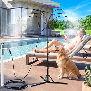 6-Nozzle Adjustable Standing Misters for Outside Patio - Stand Misting System for Cooling Outdoor Areas, Easy to Install & Maintain, Custom Coverage, Durable for Backyard Use.