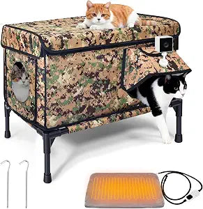 Heated Outdoor Cat House Weatherproof, Large Insulated Cat House for Indoor, Winter Stray/Feral Cat Shelter (Camouflage Cat House, Large-25.6"16.5"12")