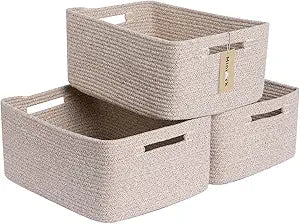 MiniArk Large Storage Baskets for Shelves, Closet Organizers Bins for Clothes Blanket Towels, Baby Nursery, Toy Baskets Box, Woven Rope Baskets, 17 x 13 x 7.5, 3 Packs Mixed Brown