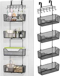 HapiRm Over The Door Organizer - Hanging Door Organizer with 4 Metal Large Capacity Baskets and Adjustable Coat Hook for Bathroom Bedroom Kitchen Pantry Closet Cabinet