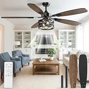 Ceiling Fans with Lights and Remote, 52'' Vintage Caged Ceiling Fan with Light, 5 Blades, 6+1 Speed, Flush Mount Ceiling Fan Whisper-quiet for Farmhouse, Living Room, Kitchen and Porch (52 Inch)