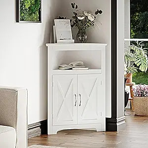 ChooChoo Corner Storage Cabinet, Small Corner Cabinet with Barn Door Design and Adjustable Shelf, Home Space Saver for Living Room, Bathroom, Kitchen, White