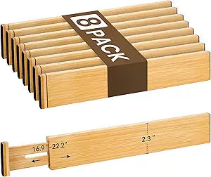 Bamboo Drawer Divider Set of 8, Adjustable Spring-Loaded Drawer Organizer (16.9"-22.2"), 2.3" Height, Suitable for Kitchen, Desk, Bathroom, Clothing, and Miscellaneous Drawer Organization, Natural