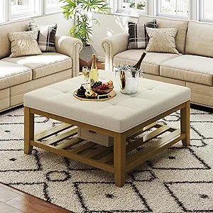 Befurtori Large Square Ottoman Coffee Table, Linen Solid Upholstered Footrest Ottoman with Solid Wood Shelf Storage Tufted Coffee Table for Bedroom Living Room, Ivory