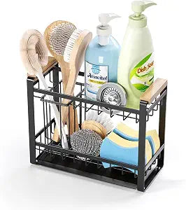 2-Tier Sink Caddy Organizer with Wooden Handle and Non-Slip Suction Cups