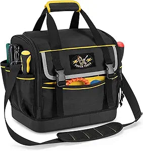 12-Inch Tool Bag with Hard Bottom, Electrician Tool Box Organizer with Detachable Divider, Multi-Purpose Work Tote for Mechanics, Carpenters, Plumbers, Black