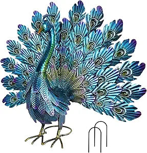 YEAHOME Garden Decor Outdoor Statues, 22.4" Large Metal Peacock Standing Yard Art, Blue Green Bird Lawn Sculptures Garden Decor for Outside Patio Porch Backyard