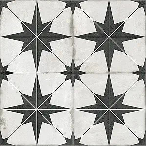 The Tiles Plaza Encaustic Peel and Stick Backsplash, Black Star Patterned Vintage Stick on Tiles, Stone Composite Self-Adhesive Wall Tile Sticker for Kitchen Bathroom Fireplace Stairs, 10 Sheets