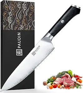 PAUDIN Chef Knife 8 Inch, Ultra Sharp Kitchen Knives 62 HRC, Multi-Layer Damascus Steel Professional Chefs Knife with Full Tang Ergonomic Wood Handle, Meat Vegetable Slicing Knives, Gift for Men Women