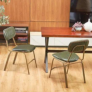 Mid Century Modern Dining Chairs, Retro Dining Chairs with Faux Leather Upholstered Seat and Metal Plated Legs, Kitchen Chairs for Dining Room, Kitchen, Restaurant (Dark Green, Set of 2)