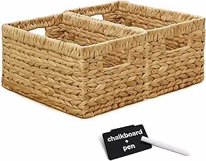 KOKODO Wicker Storage Basket Set of 2, Rectangular Baskets for Shelves with Handles & Chalkboard Labels, Handwoven Water Hyacinth Baskets for Organizing Pantry, Closet & Home.