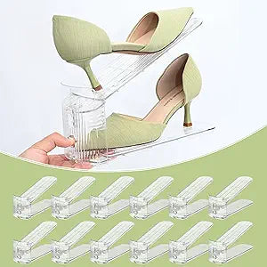 12-Pack Shoe Slots Organizer for Closet, Space Saving Shoe Stacker with Adjustable Height, Double Deck Shoe Storage for Small Spaces, Clear & Sturdy (Transparent)