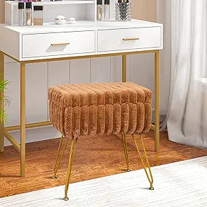 xuperbonus Faux Fur Vanity Stool Chair with Storage Ottoman, Vanity Chair for Makeup Room, Vanity Stools for Bedroom, Footrest with Metal Legs and as a Coffee Table, Brown