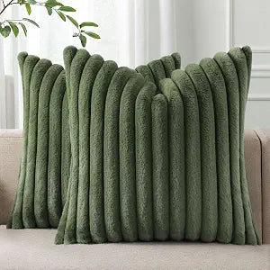 Pallene Faux Fur Plush Throw Pillow Covers 26x26 Set of 2, Luxury Soft Fluffy Striped Decorative Pillow Covers for Sofa, Couch, Living Room, Olive Green