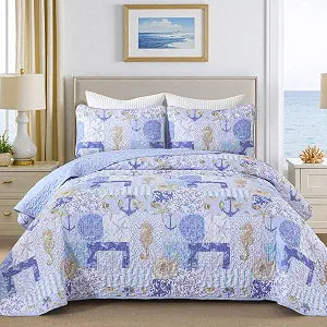 Xruibed Coastal Quilt Set King Size, Blue Nautical Beach Quilt Set, Reversible Lightweight Patchwork Bedspread with 2 Pillowshams Soft Microfiber Bedding Set for All Season 90"x110" | Breathable