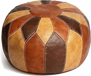 Thgonwid Unstuffed Moroccan Faux Leather Pouf Ottoman with Storage - Handmade Boho Chic Multi-Use Footrest for Living Room, Bedroom, Patio - Round Ethnic Floor Cushion & Decorative Accent, Tricolor