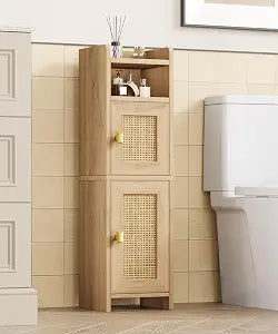 Akxomel Rattan Small Bathroom Cabinet with Open Shelf Wooden Floor Unit