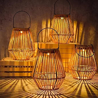 VIHOSE 4 Pack Solar Lanterns, Rattan Hanging Solar Lights with Handle Outdoor Waterproof, Outdoor Lamp Lights Decoration for Patio Porch Garden Pathway Yard Trees Lawn (Square)