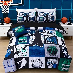 Aimuan Basketball Bedding Set for Boys Kids Teens, Soft Green and Blue Sports Geometric Grid Patchwork Theme Basketball Bedding Sets Full Size, Blue-Green