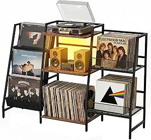 Livofloral Record Player Stand with LED Lights, Record Player Table with Large Capacity Storage Holds Up to 300 Albums, Vinyl Records Stands for Living Room, Turntable Stand Shelf for Albums, Brown
