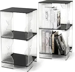 UMAIL End Table Set of 2, 3-Tier Nightstand with Clear Fluted Stripe Design, Narrow Side Table for Living Room, Bedroom, 13" D x 13" W x 26" H, Black