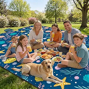 Extra Large Picnic Blanket 79" x 118", Waterproof Sandproof Foldable Outdoor Beach Blanket for Camping, Lawn, Park, Shell