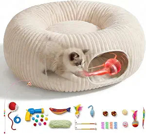 31 Pcs Interactive Cat Toys for Indoor Cats, Cat Tunnel with Moving Ball, Cat Toy Launcher, Catnip Toys, Chew Rope, Feather Wand, Springs and Balls for Indoor Kittens, White