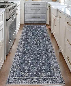 Tangsoo 2x6 Washable Runner Rug for Hallway, Non Slip Boho Vintage Floral Rug Runner for Kitchen Entryway, Distressed Blue Black Floor Carpet Soft Low Pile Indoor Mat for Bedroom Bathroom Laundry