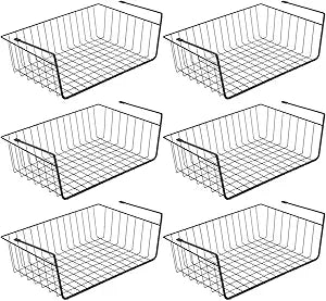 Under Shelf Basket, 6PCS Hanging Storage Basket for Pantry Cupboard Laundry Room Slide-in Baskets Organizer for Kitchen Counter Desk Bookshelf, Space Saving, Easy to Install, Black