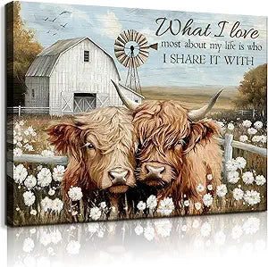 Farmhouse Highland Cow Canvas Wall Art Vintage Rustic Cute Cow Wall Decor Western Farmhouse Animal Artwork Picture Country Wildflower Landscape Print for Living Room Bedroom Bathroom (16x24in Canvas)