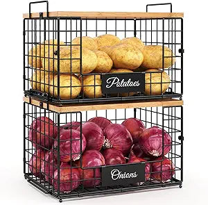 keomaisyto Pantry Organizers and Storage, 2 Set XXL Stackable Wire Baskets with Wooden Tops & Tags, Kitchen Counter Organizers Bins for Potato, Onion, Produce, Fruit, Vegetable