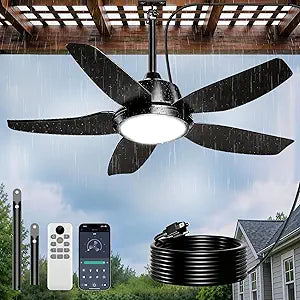 42 Inch Outdoor Ceiling Fan with Lights, IP65 Waterproof, APP & Remote Control, Dimmable 3CCT LED, 6-Speed Quiet DC Motor, Hanging Gazebo Fan Black Plug in Ceiling Fan with Cord for Patios Porch