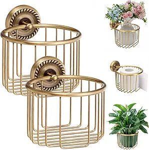 LemonRoad 2 Pack Vintage Brass Toilet Paper Holder Wall Mounted Antique Decorative Toilet Paper Holder for Plant and Candles, Victorian Bathroom Decor Accessories, for Roll with Diameter Within 5 Inch