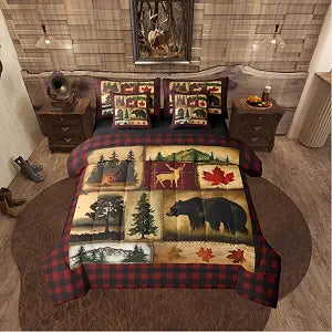Erosebridal Bear Cabin Plaid 7 Piece Comforter Set King,Rustic Farmhouse Bed in a Bag,Retro Hunting Deer Bedding,Country Woodland Pine Tree Quilt Set,Maple Leaf Lodge Fitted Sheet,Red Black Brown
