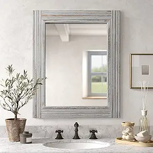 YOSHOOT Hand-Made Wooden Spliced Wall Mirror for Bathroom, Rustic Farmhouse Vanity Mirror, Dcor Wall Art, Solid Wood Frame, Vertical or Horizontal Hanging