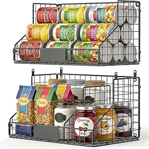 2 Pack Pantry Organizers and Storage Shelf, Stackable Can Organizer for Canned Food and Goods, Metal Wire Rack with 4 Adjustable Dividers Holds 60+ Cans for Under Cabinet Kitchen Countertop