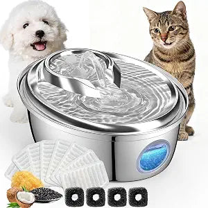 ORSDA Stainless Steel Cat Water Fountain, 100oz/3L Automatic Pet Drinking Fountain, Dog Water Dispenser Bowl with LED Window for Cats and Small & Medium Dogs- 8 Filters +4 Pump Sponges D66