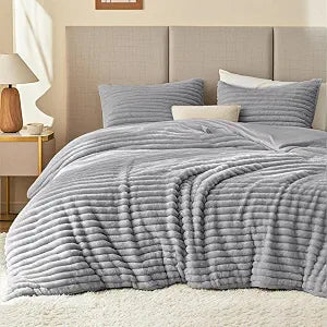 EXQ Home Fluffy Comforter Set Full Size - Super Soft Faux Fur Stripe Jacquard Comforter 3 Pieces, Grey Fleece Bedding Set,Winter Warm Bed Set,1 Comforter with 2 Pillowcases